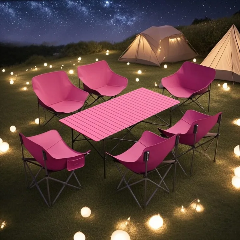 

Розовый складной лунный стул и набор походных столов, портативная уличная складная мебель, стул для кемпинга и прочный складной стол