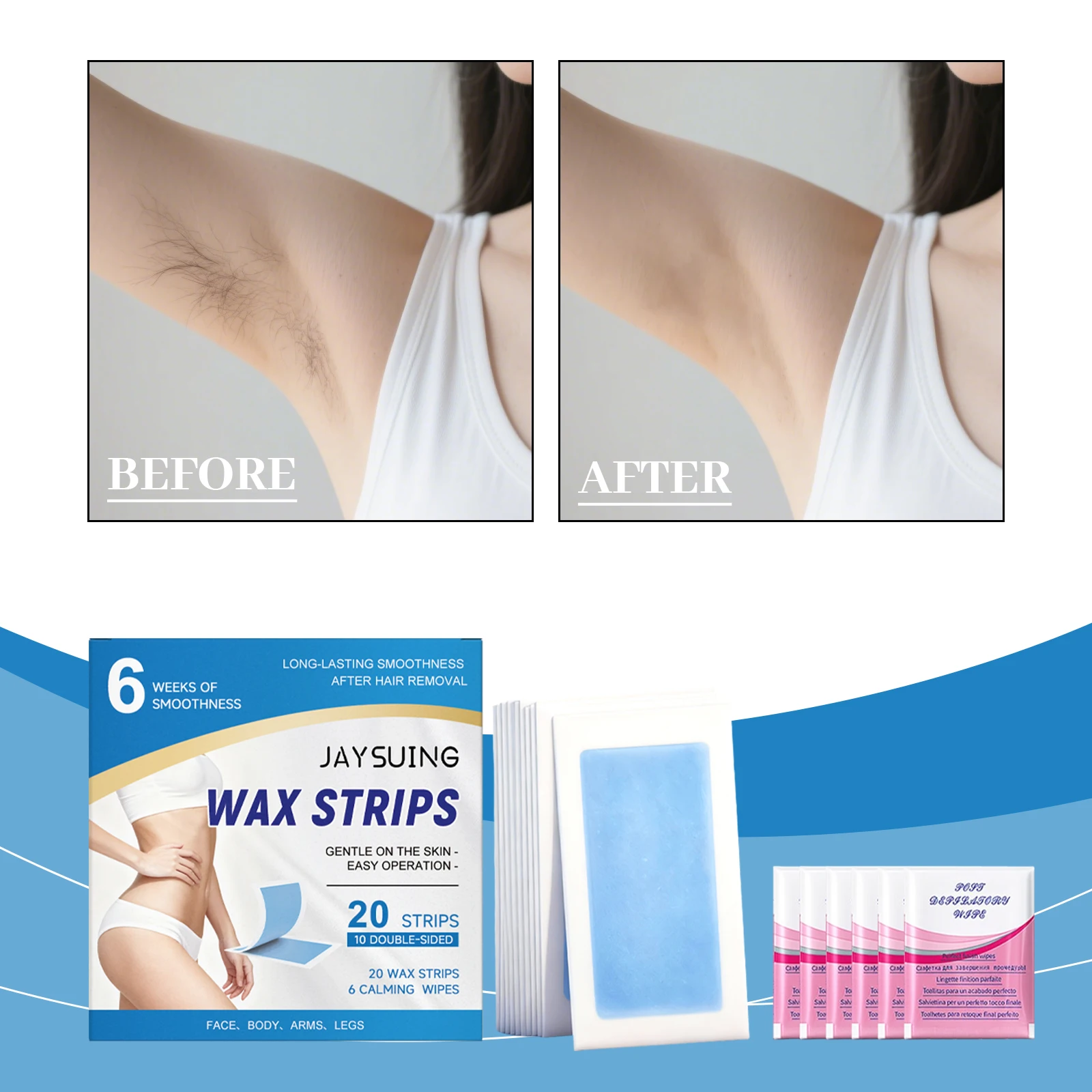 Jaysuing Gentle Hair Removal Wax Strips Painless Easy Use at Home For All Skin Types Face Body Arms Legs Smooth Skin