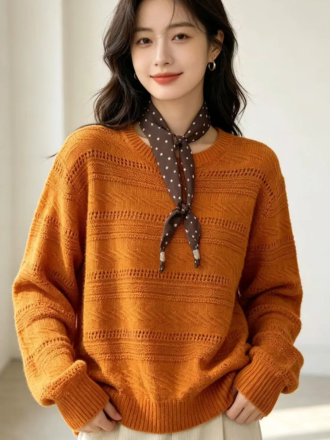 Loose Knitted Sweater Women's round Neck Hollow out Design Fashionable Large Size Base Shirt with Silk Scarf Autumn New Style