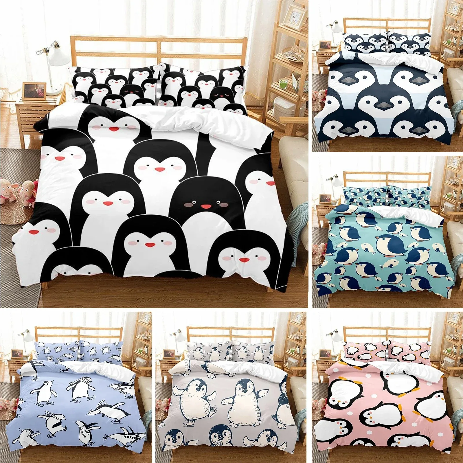 

Cute Penguin Bedding Set Cartoon Animals Duvet Cover Set Twin For Boys Girls Room Decor Print Comforter Cover With Pillowcases