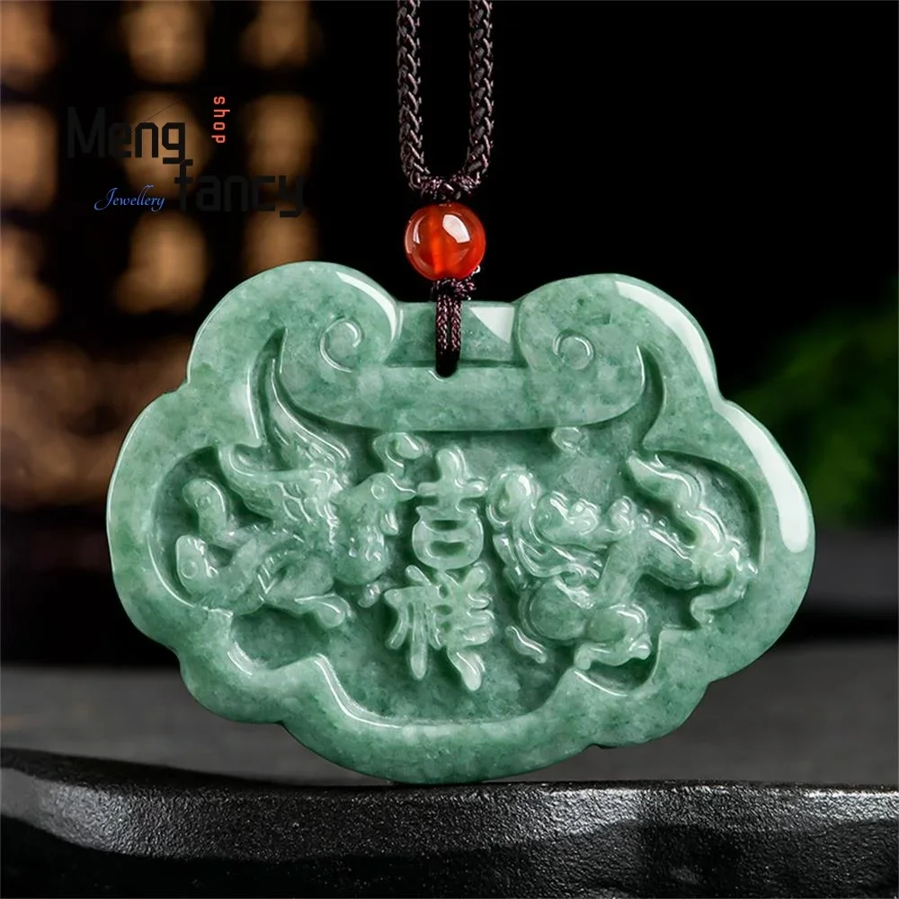 

Natural A-goods Jadeite Dragon and Phoenix Auspicious Couple Jade Lock Pendant Retro Exquisite Mascots Fine Jewelry Holiday Gift