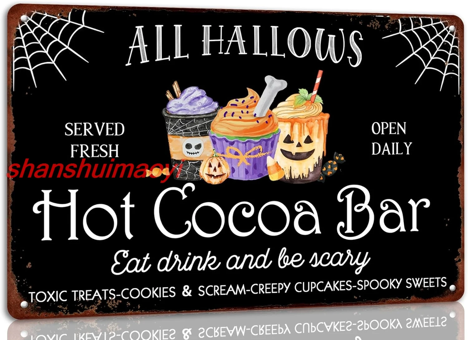 All Hallows Hot Cocoa Bar Metal Tin Sign Halloween Decorative Cafe Bar Home Kitchen Wall Decor Retro Halloween Party Decor  ALIA