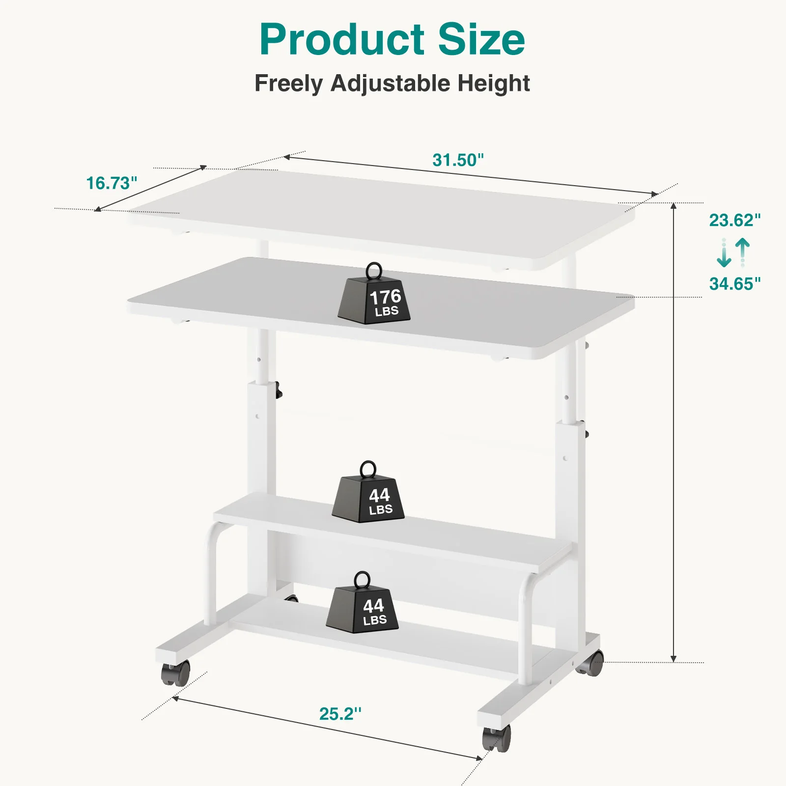 MCQ 31.5 Inch Mobile Rolling Lifting Computer Desk With Storage Shelves Ergonomic Standing Height Adjustable Computer Desk on Wheels Gaming Table for Home Office Use Workstation