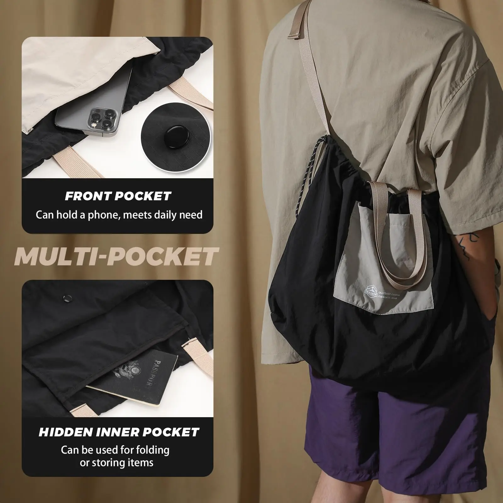 OCEGEAR Large Capacity Tote Bag Travel Portable Drawstring Belt Shoulder Bag Men Gym Sport Crossbody Bags Multifunction Handbag