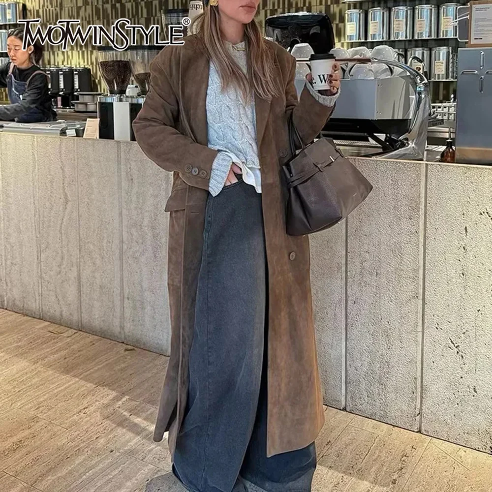

TWOTWINSTYLE Fashionable Solid Long Coat for Women Lapel Long Sleeves Spliced Pocket Casual Windbreakers Female Winter Clothing