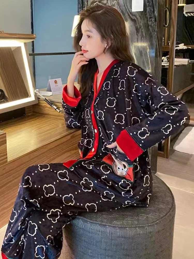 Plus Size Golden Velvet Bear Pajamas Suit Women Spring Autumn High Quality Red V-Neck Top+Pants Korean Outer Wear Home Clothes