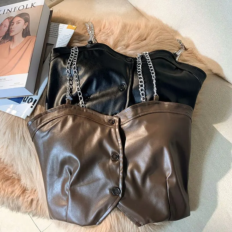 Coffee  leather coat, chain small suspender vest, women's outerwear, layered and sexy short vest,   top