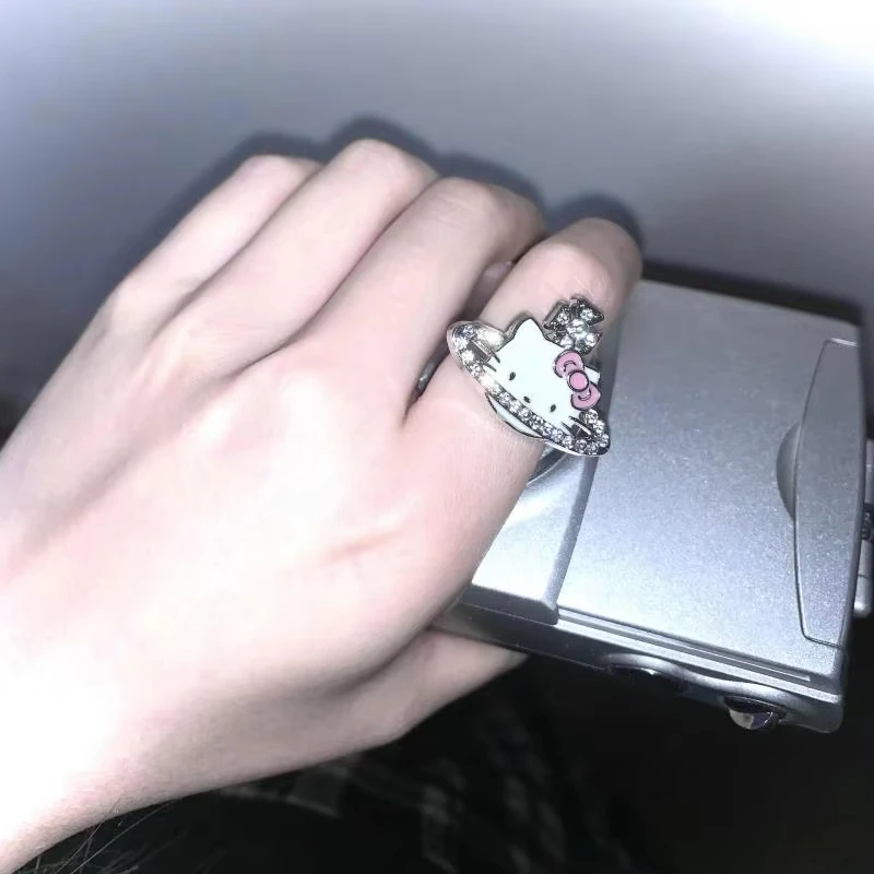 Cincin Ukuran Dapat Disesuaikan Berlian Berkilau Kucing Saturnus Y2K Kartun Perhiasan Anak Perempuan Mainan Dekoratif Hadiah Hari Valentine Kawaii