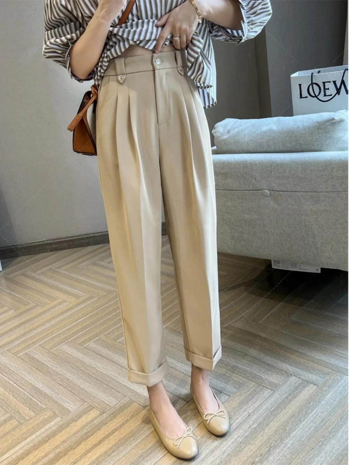 Women's High Waist Straight Leg Suit Pants Spring 2023 Korean Style Trousers with Cuffed Hem for Pear Shaped Body Slimming