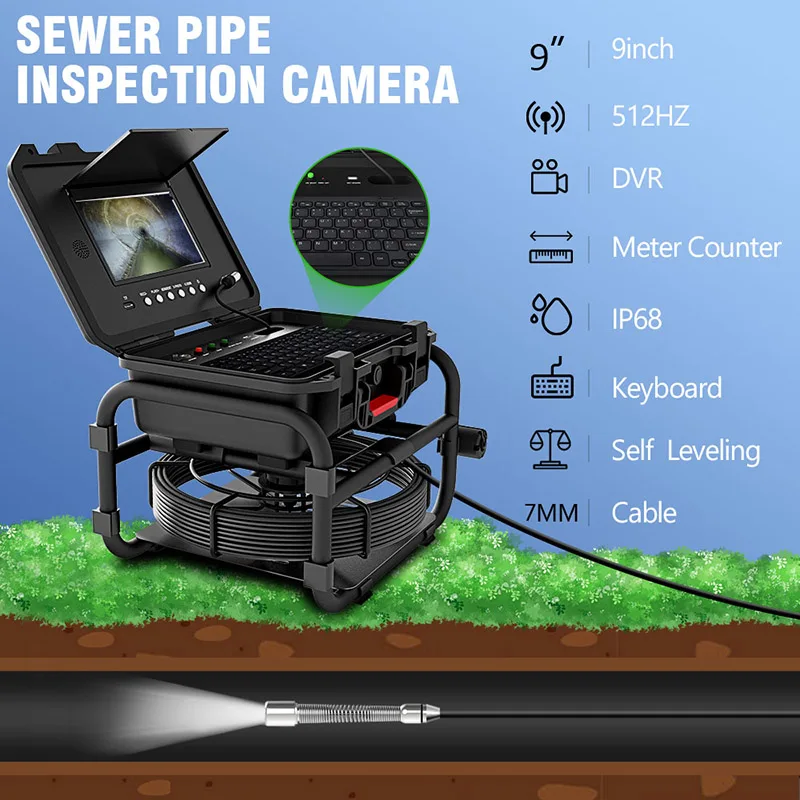 

Sewer Pipe Self Leveling Borscope Inspection Video Camera with 9 Inch LCD 512 HZ Industrial IP 68 Endoscope for Drainage Well