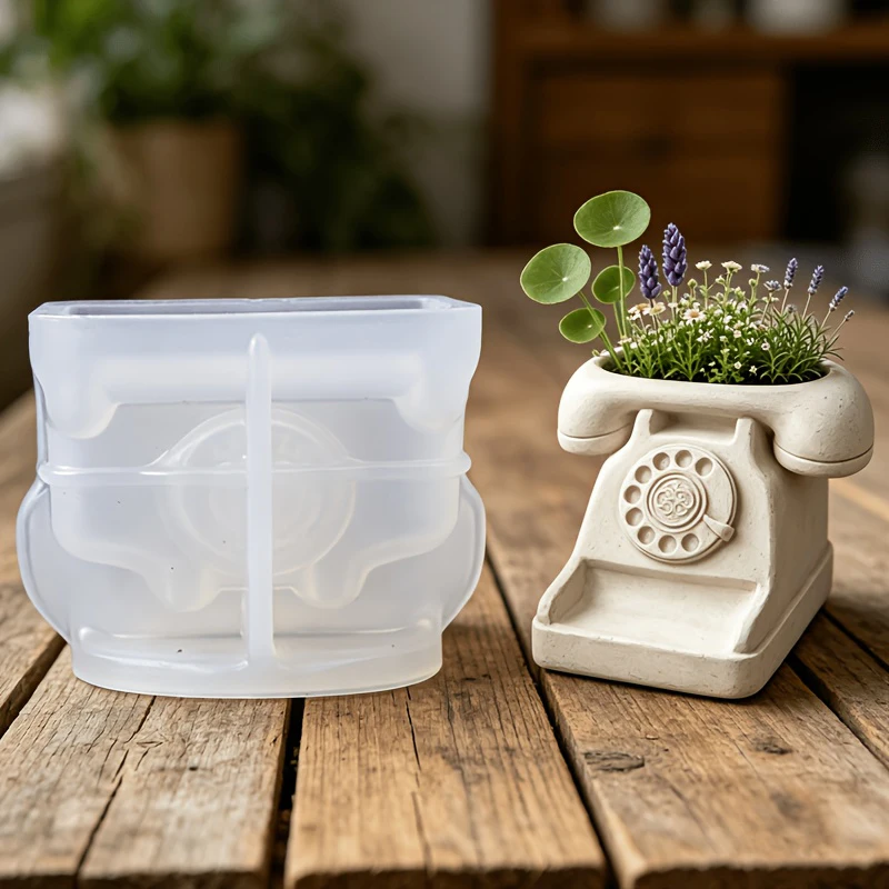 3D Vintage Rotary Telephone Succulent Pot Silicone Mold DIY Flower Pot Cement Clay Scented Candle Craft Mold Home Decor