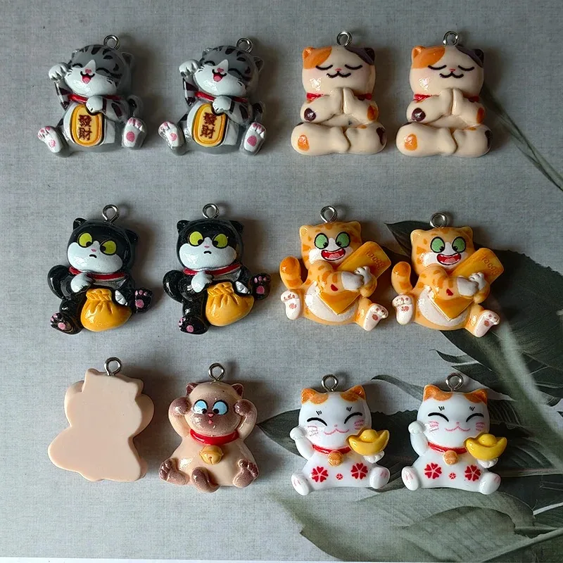 10Pcs Kawaii Puppy Lucky Cat Resin Charms Cute Animal Pendants DIY Supplies For Sweet Keychains Earring Jewelry Making Findings