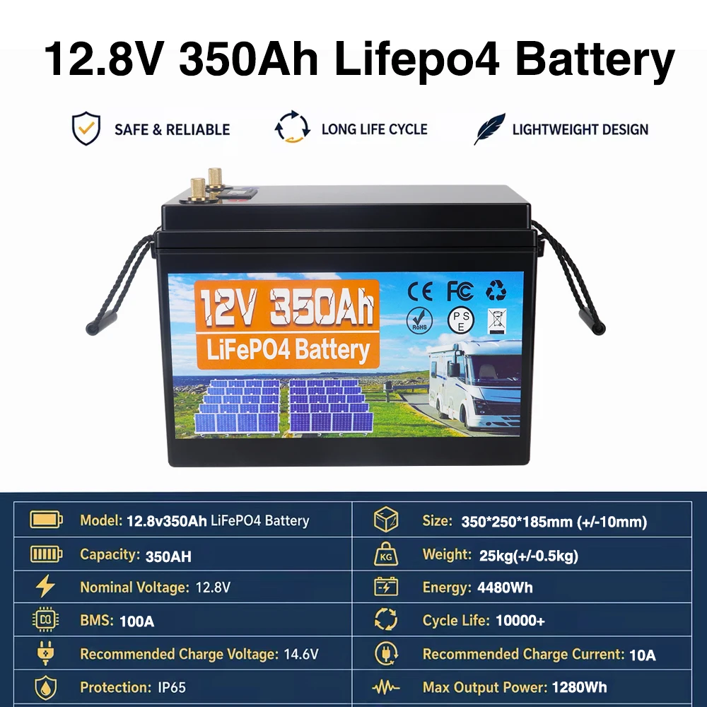 Kuoouk 12V350Ah LiFePO4-Batterie mit integrierten 4 V-Lithium-Eisenphosphat-Zellen und BMS für Wohnmobile, Golfcarts, Offroad-Fahrzeuge und netzunabhängige Anwendungen.