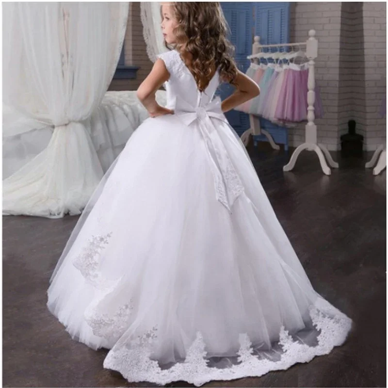 

White Bridesmaid Dresses For Girls Kids Wedding Evening Gown Lace Bow Flower Girl Birthday Party Dress Children Prom Clothes