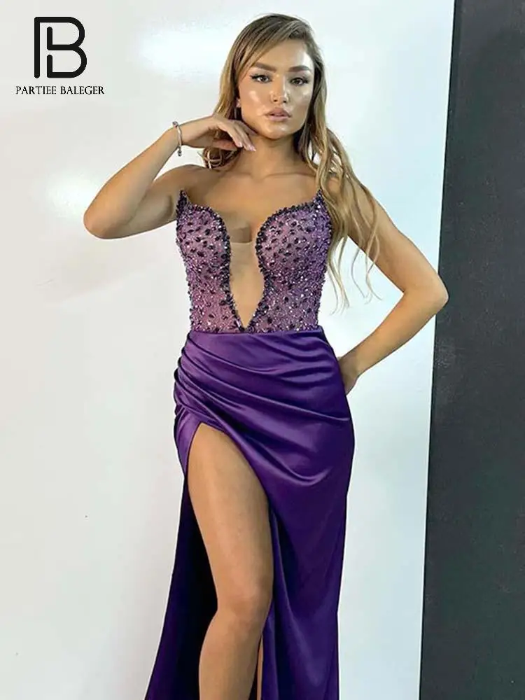 PB Sexy Purple Satin V Neck Strapless Long Dress with Beaded Bodice & High Slit - Ideal for Evening Galas & Proms Vestidos