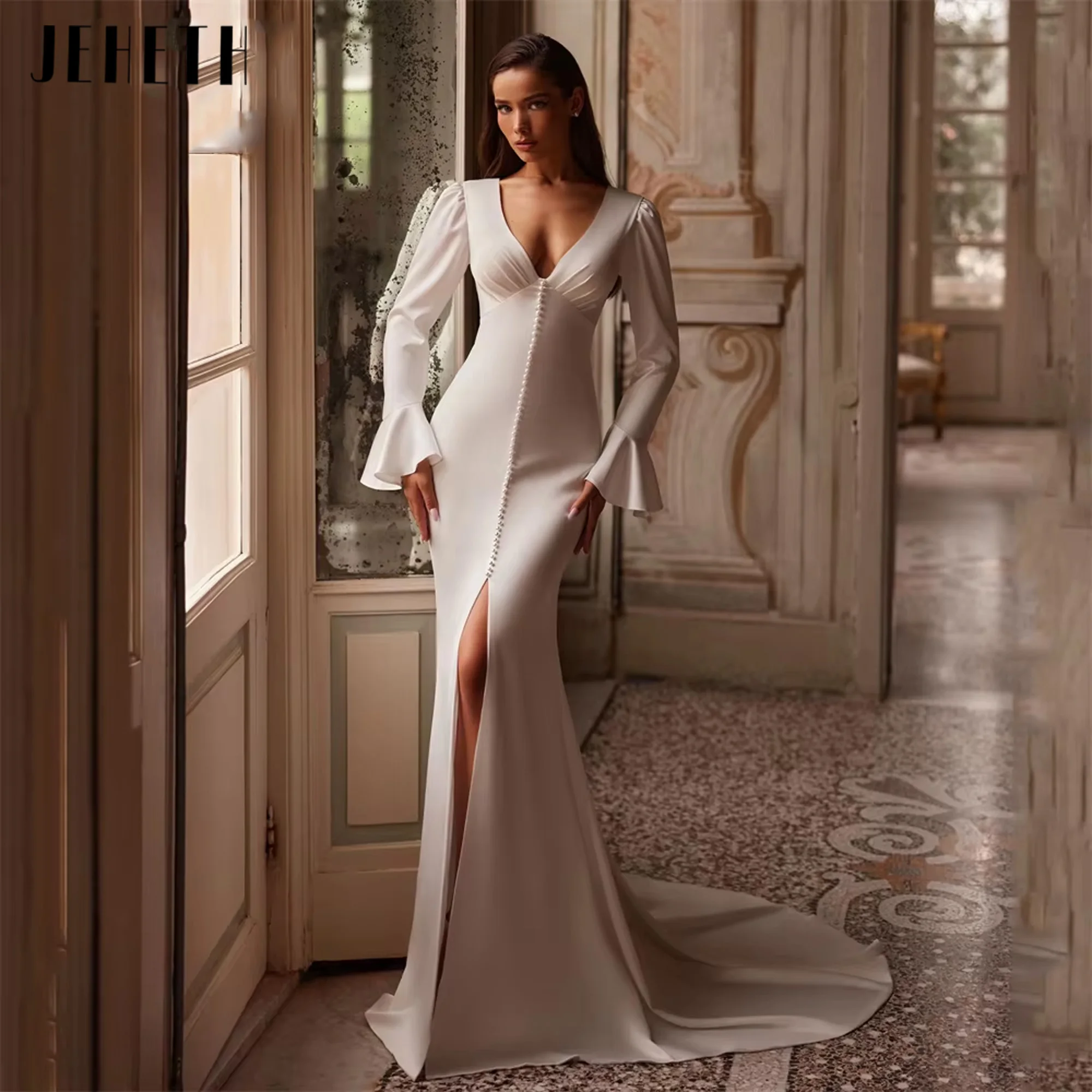 

JEHETH Modern Long Sleeves Mermaid Wedding Dresses Pearls Split Zipper Back Sweep Train Bridal Gown Vestidos De Noiva Customized