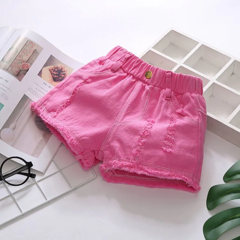 Girls' Summer Ripped Hole Denim Shorts New Children's Raw Edge Loose Jeans Korean Edition Thin Children's Shorts 2-10Years Old