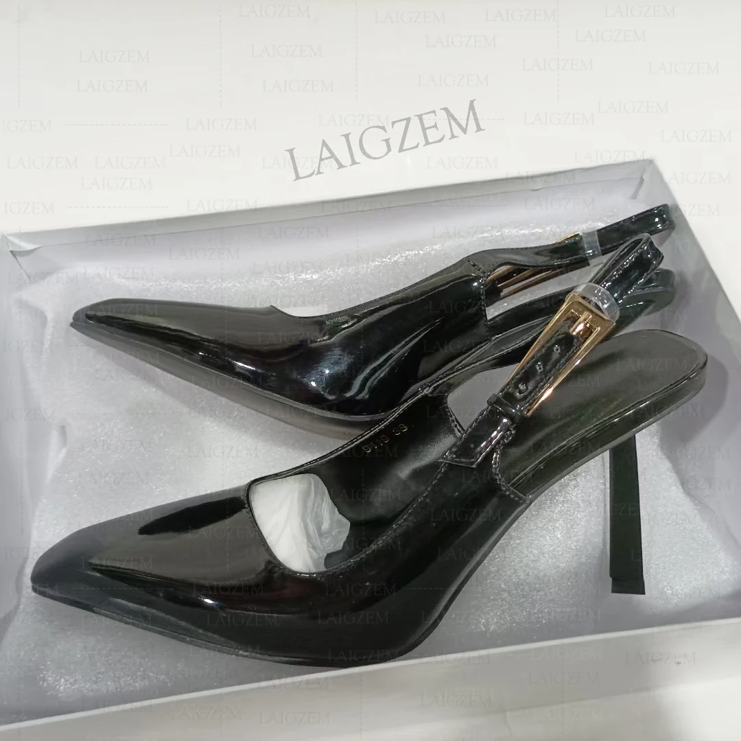 DOHBANER Women Pumps Pointy Toe Slingbacks Metal Stiletto High Heels Dress Party Prom Handmade Shoes Woman Big Size 35 38 41 43