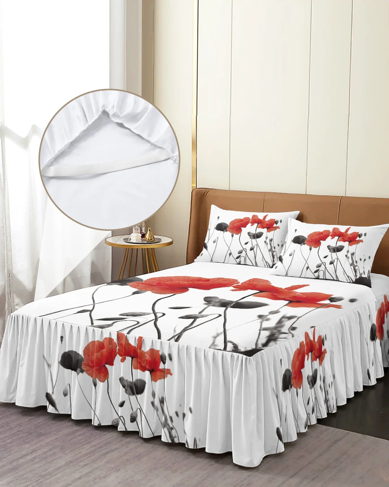 Red Poppy Flower Bed Skirt Elastic Fitted Bedspread With Pillowcases Bed Protector Mattress Cover Bedding Set Bed Sheet