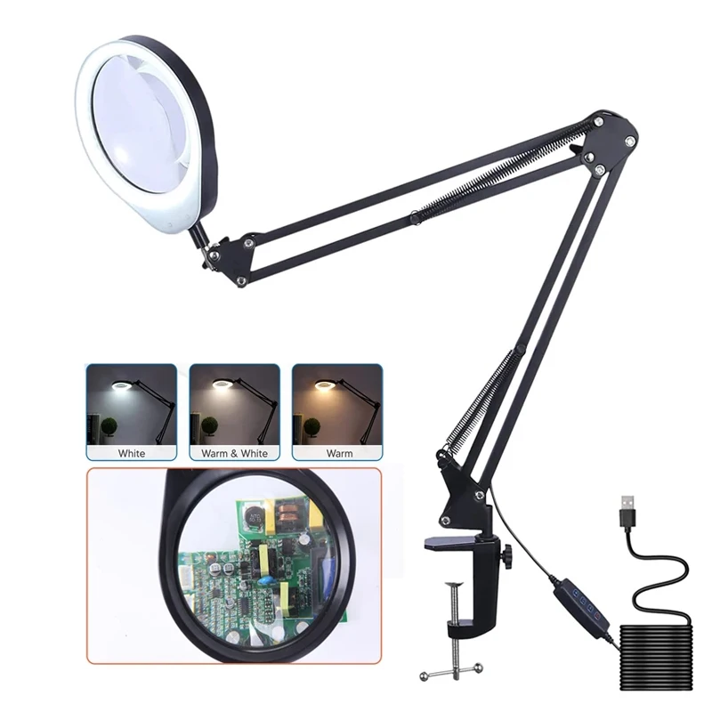 10X 20X Foldable Magnifying Glass with LED Light Third Hand Soldering Tool Desk Clamp USB Magnifier Welding Reading Table Lamp