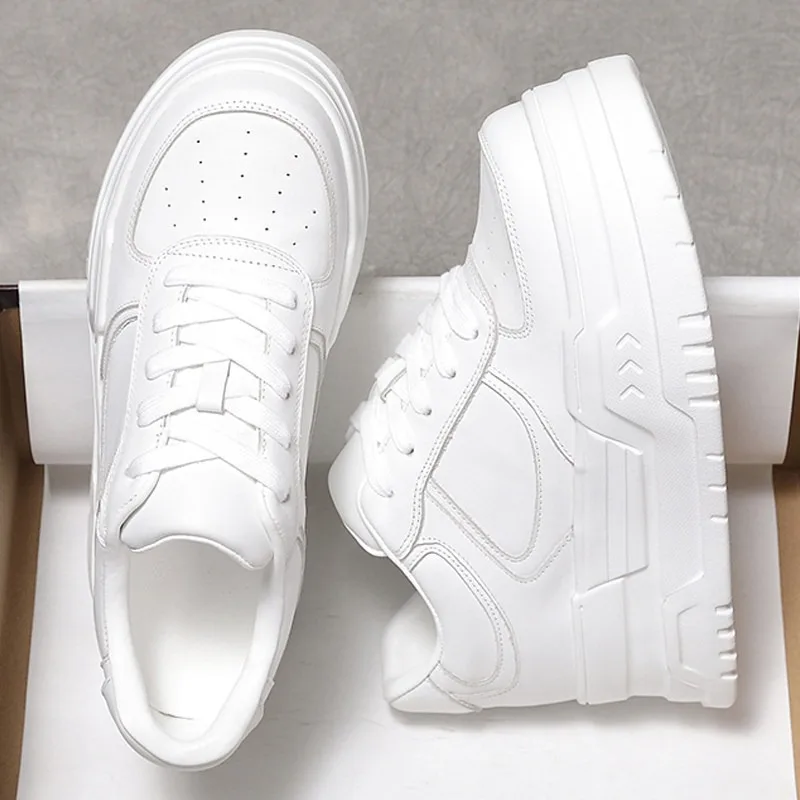 

Genuine Leather Thick Sole Platform Sneakers Women White Lace-Up Daily Casual Shoes
