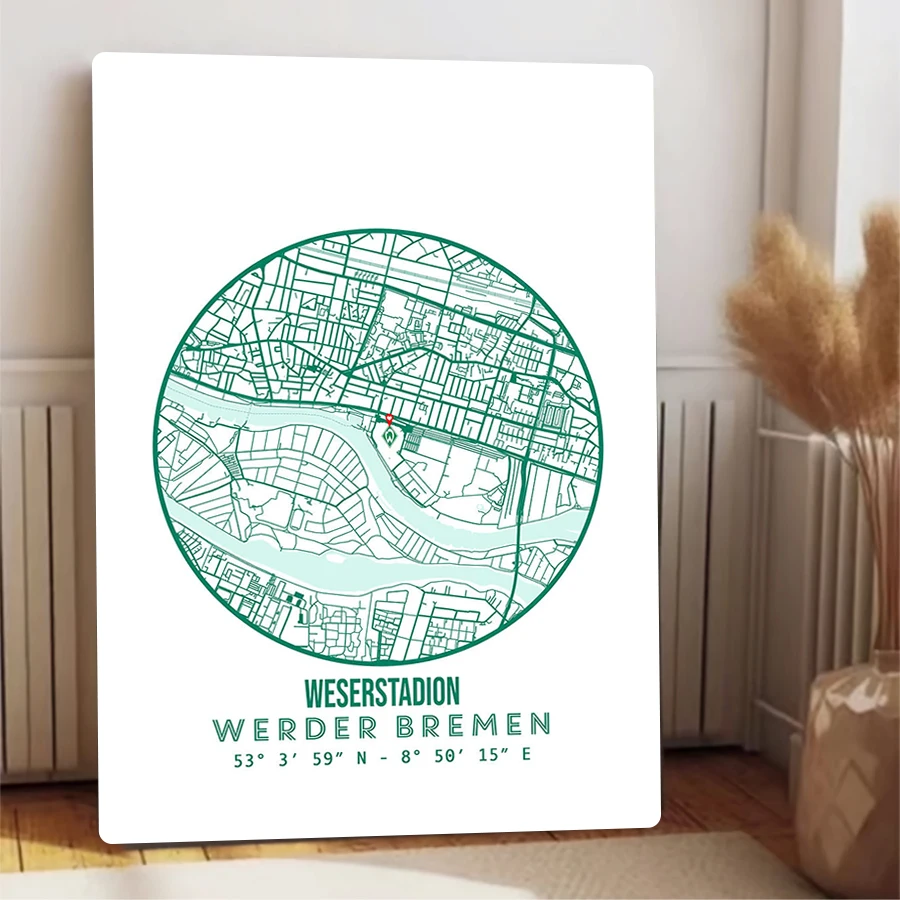 لوحة فنية جدارية معدنية مخصصة من Weserstadium Werder Bremen هدية مروحة خريطة المدينة ديكور 53 ° 3'59"ن