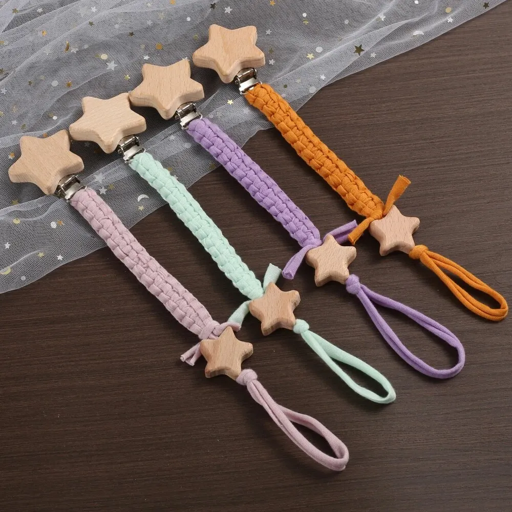 Clip para chupete de pentagrama de madera de haya para bebé, chupete de algodón tejido hecho a mano, cadena para pezones para bebé, mordedor de lactancia, juguetes para masticar, regalo