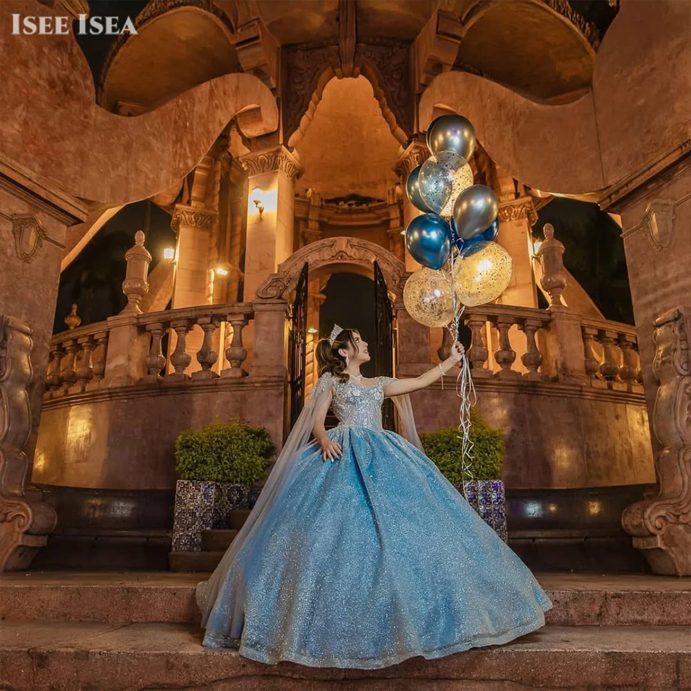 Vestidos de quinceañera azules princesa fuera del hombro vestido de baile con cuentas perlas vestidos de gala vestido formal de cumpleaños personalizado