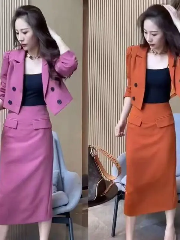 

High Waist Slim Fit Double Breasted Top And Skirt Two Piece Set Korean Style Commute Loose Fit Long Sleeve Polyester Fiber