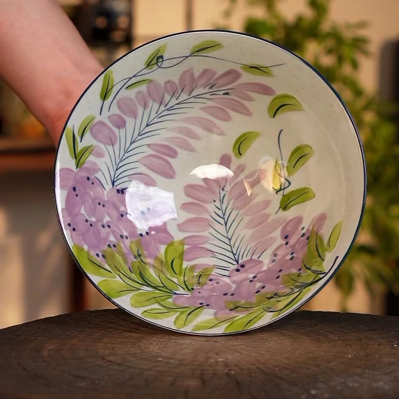 Wood-fired Quality High Temperature Underglaze Color Master Interior and Exterior Hand-painted Wisteria 8 Inch Bowl Deep Plate