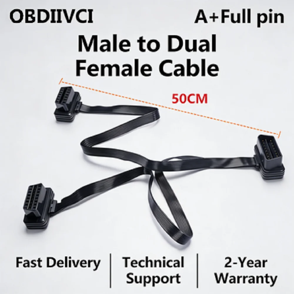 OBDIIVCI Full Pin OBD2 Male to Dual Female Y Splitter Cable 50cm Flat Extension Adapter for Car Diagnostic Tool ELM327 Scanner