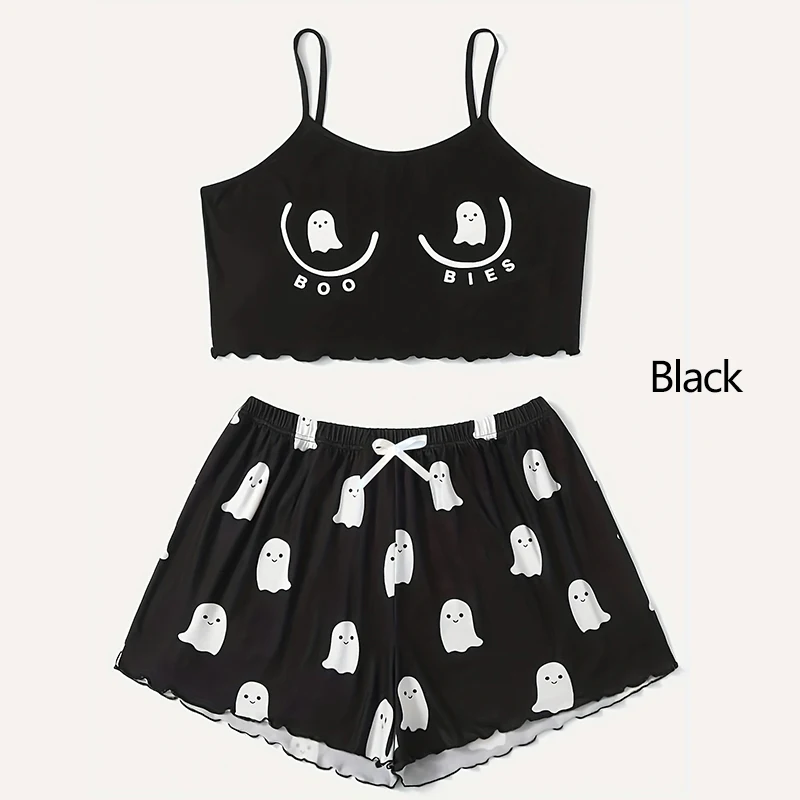 Women Pajamas Sleepwear Pajama Set Sports Camisole And Shorts S M L Black Cartoon Print Print Ventilate Casual Soft