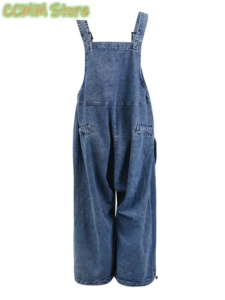 High Waist Blue Pocket Big Size Denim Overalls Trousers New Loose Fit Pants Women Fashion Tide Spring Autumn
