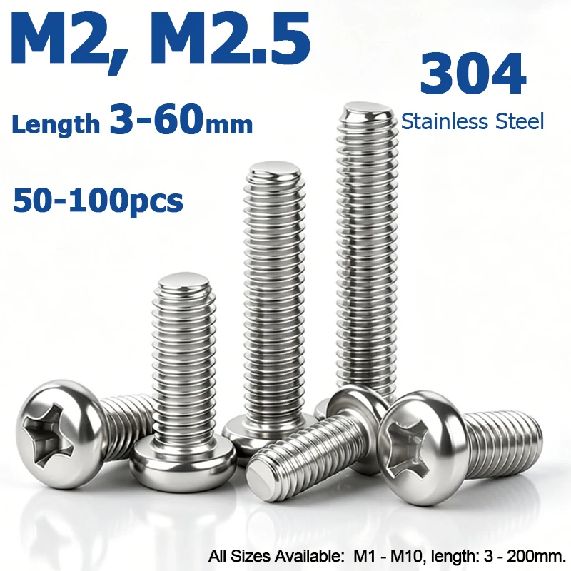 50/100pcs DIN7985 M2 M2.5 Phillips Round Head Bolts 304 Stainless steel Cross Pan Head Screws TV Computer Machine Bolt L=3-60mm