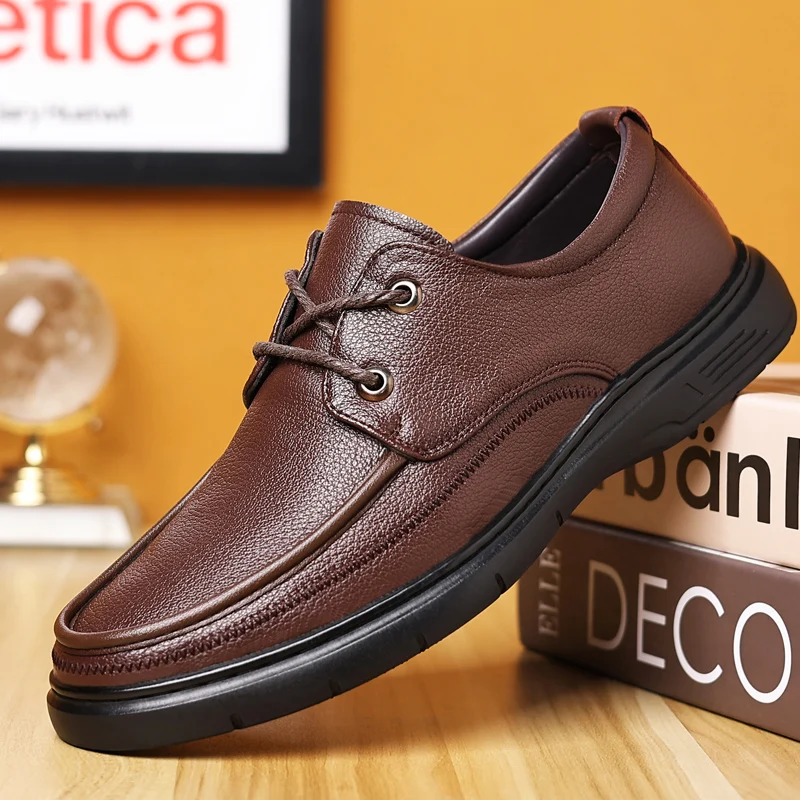 

New High Quality Genuine Leather Shoes Men Loafers Flats Fashion Men's Casual Shoes Brand Man Soft Comfortable Lace up Black