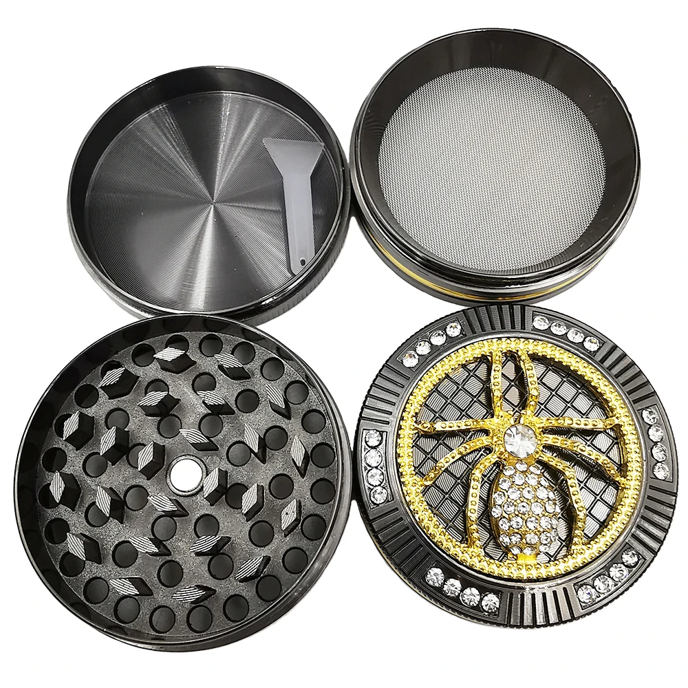 Spider Diamond 4-Layers Tobacco Herb Grinder Herbal Metal Golden Black 52mm Zinc Alloy Herb Smoke Crusher Cigarette Accessories