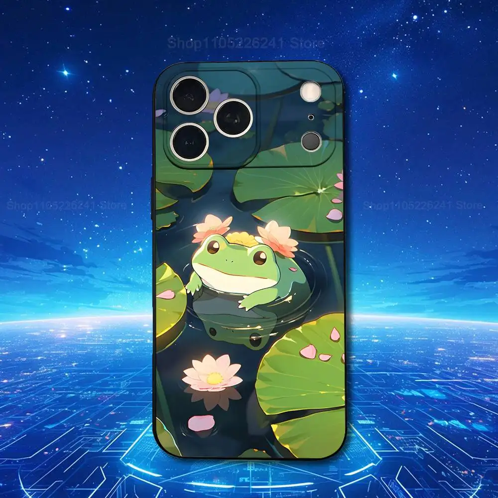 Lindo dibujo de rana artística para iPhone 8,7,11,12,15,14,13,16,17,Plus,Pro Max,XS,X,XR,SE,Mini,funda negra de silicona suave
