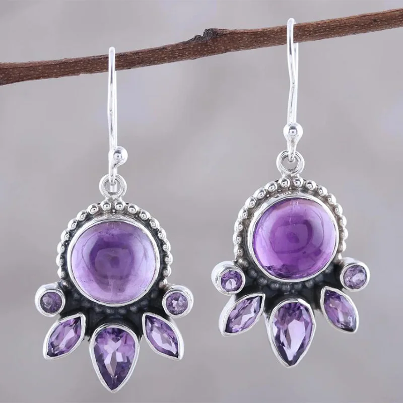 Vintage Thai Silver Amethyst Charm Mom Earrings Fashionable Diamond Inlaid Women's Jewelry for Cross Border