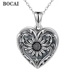 BOCAI New S925 Silver Jewelry Accessory Retro Heart-Shaped Sunflower Photo Box Men and Women's Pendant Fashionable Birthday Gift