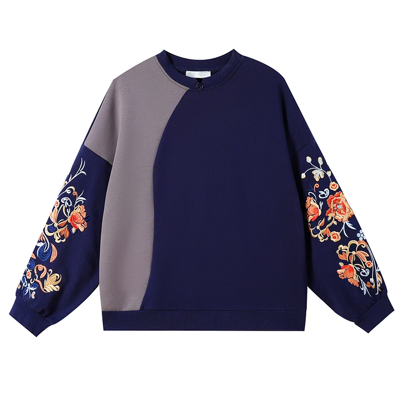 Felpa con ricamo pesante patchwork retrò cinese Sle plus Size Top rotondo casual da donna per sorella grassoccia
