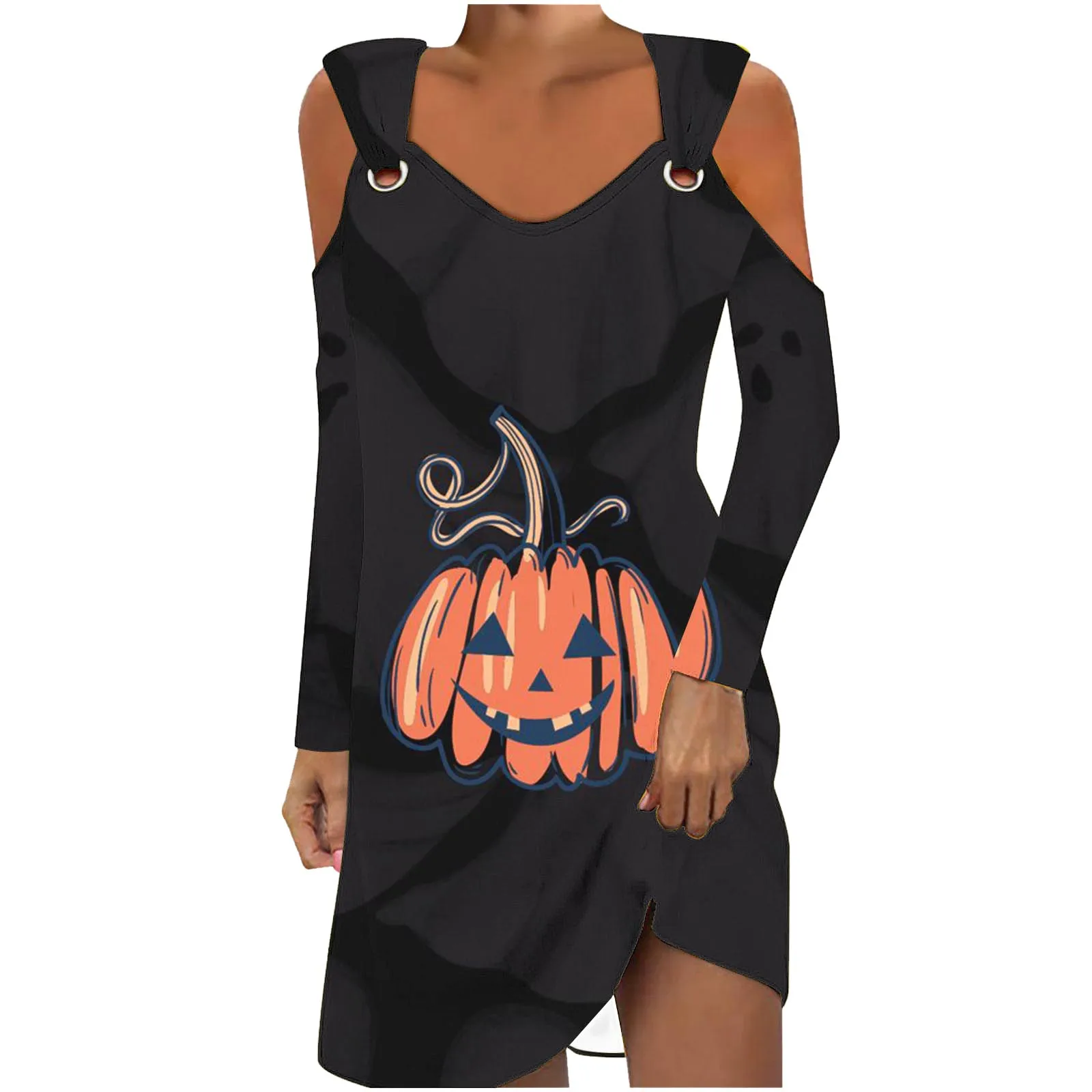 Halloween Themed Sexy V-neck Short Dress Women's Off Shoulder Long Sleeved Design Ghost Pumpkin Print Dress 원피스여성의류