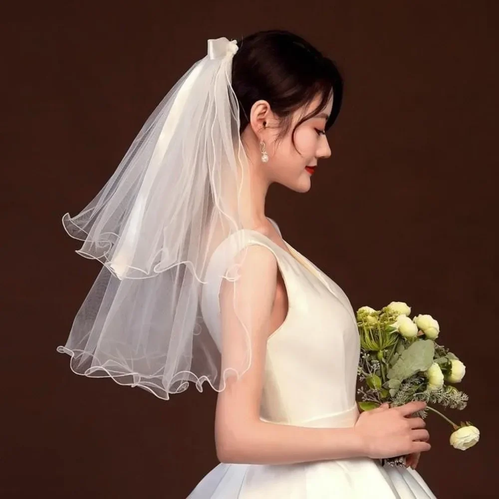 Korean Bridal Veil with Bow Hair Clip Headdress Bride Party Mesh Hairpin Simple Bridal Wedding Hair Accessories