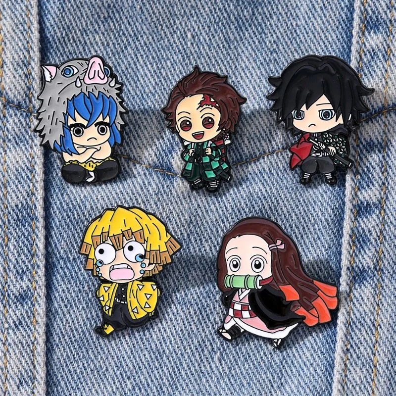 5Pcs/set Demon Slayer Chibi Enamel Pin Custom Brooch Tanjirou Nezuko Zenitsu Inosuke Giyuu Lapel Badge Cartoon Birthday Gift view 2