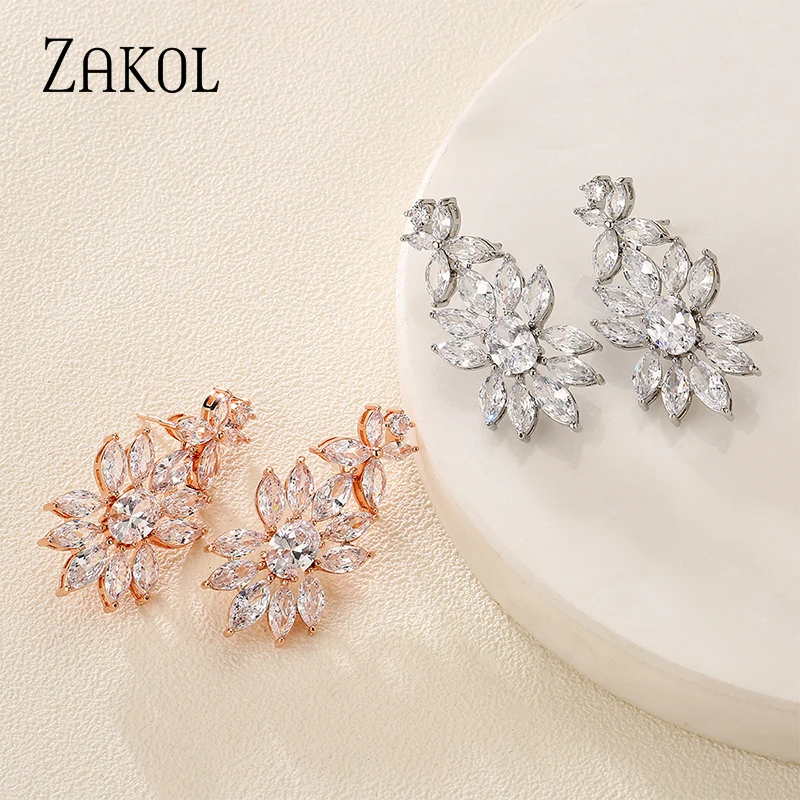 ZAKOL Luxury Rose Gold Color Leaf Dangle Earrings for Women Shinny Cubic Zirconia Bridal Earring Wedding Party Jewelry