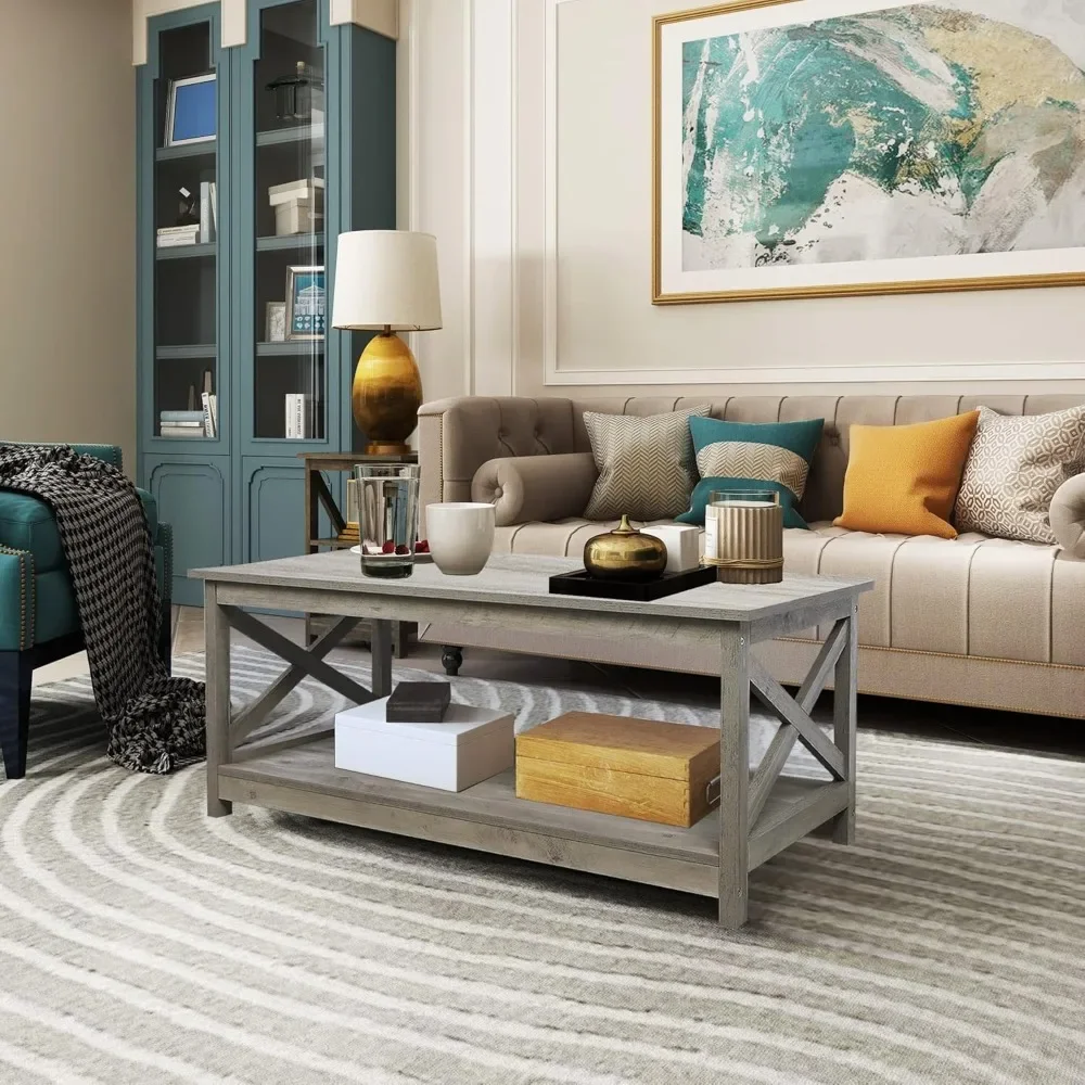 Coffee Table, Modern Farmhouse Wood Coffee Table with 2-Tier Storage, 40 Inch,