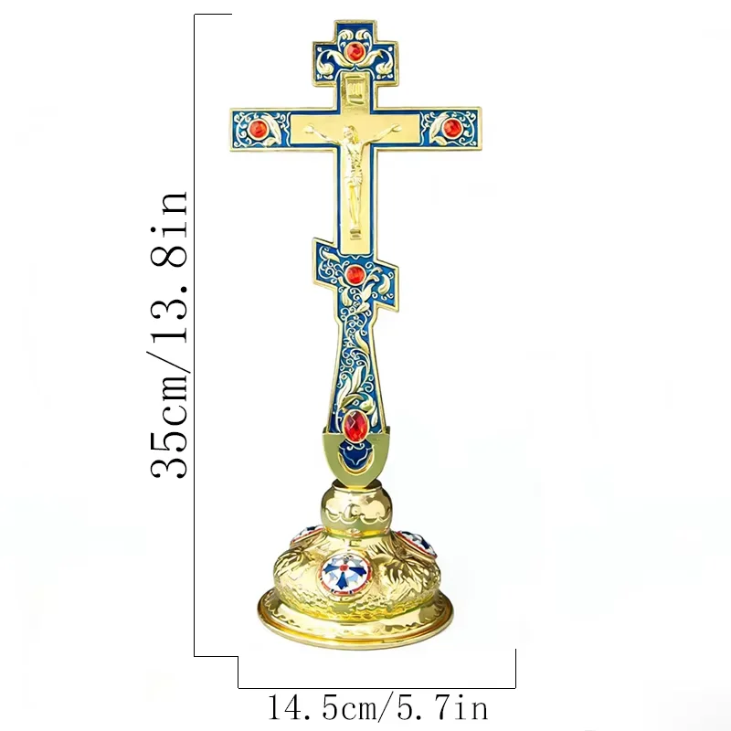

Classic Dark Blue Enamel Orthodox Handheld Cross Gold Floral Carving Red Crystal Decor for Clergy Use and Home Religious Prayer