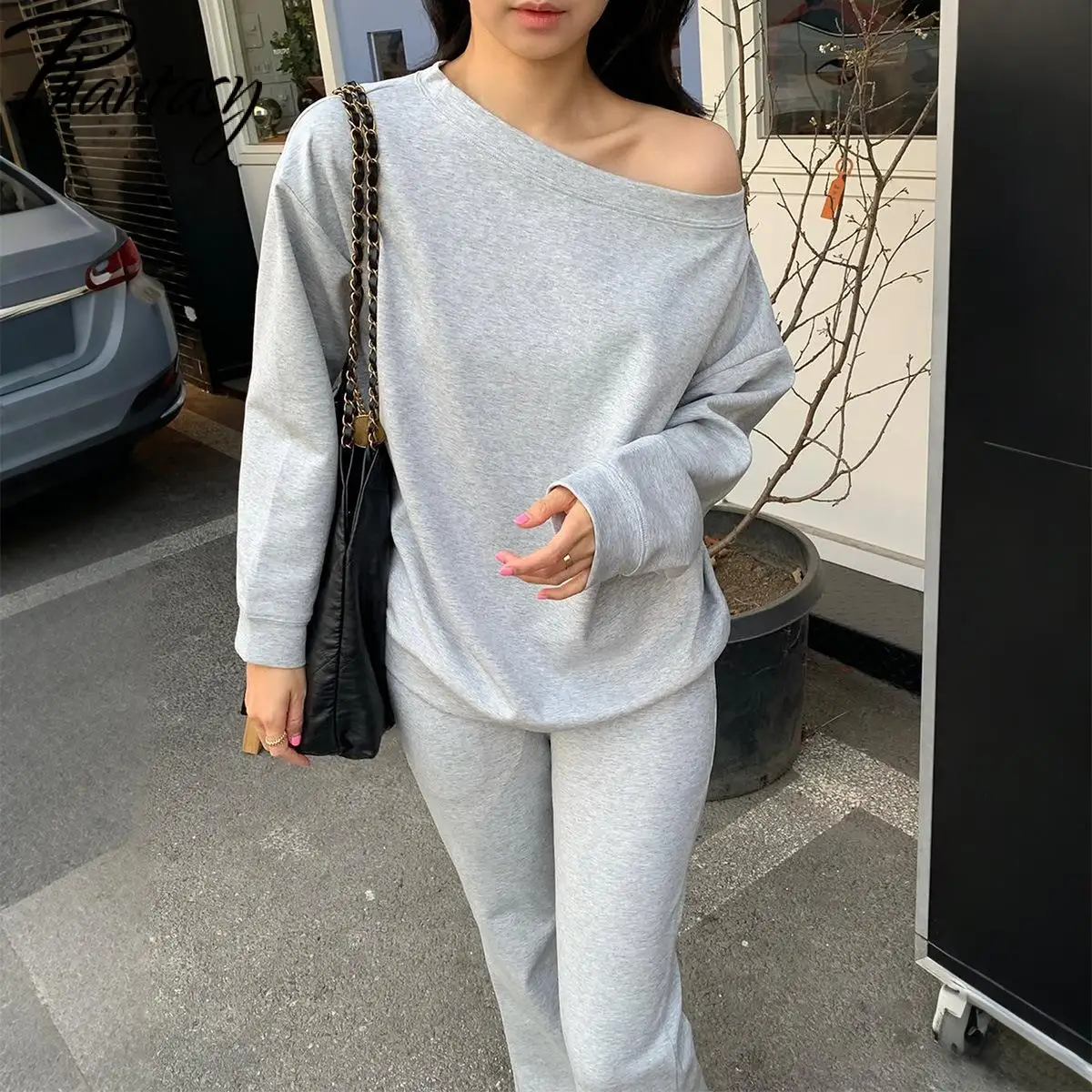 Fantasma y2k outono estilo esportivo conjunto de 2 peças gola inclinada cor sólida solta topo moda esportes alargamento perna calças conjunto roupa feminina