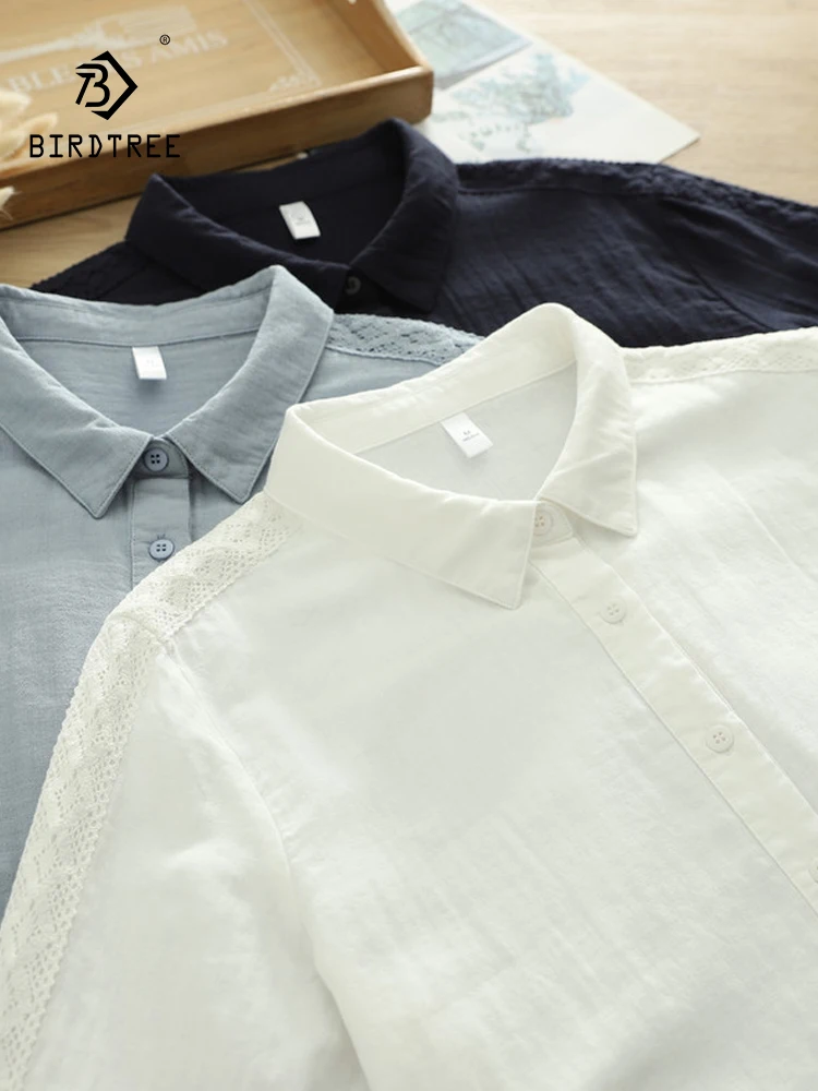 

Новая женская хлопковая рубашка весна 2026, с отложным воротником, длинными рукавами и кружевными вставками, в стиле Mori Girl, простая повседневная свободная блузка T61052CC