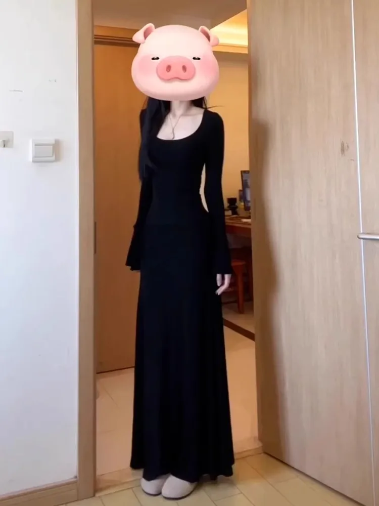 긴소매 여성 민사 결혼식 가을 니트웨어 스모크 버튼 패널 허리 조임 레귤러 핏 프레피 스타일 우아한 드레스