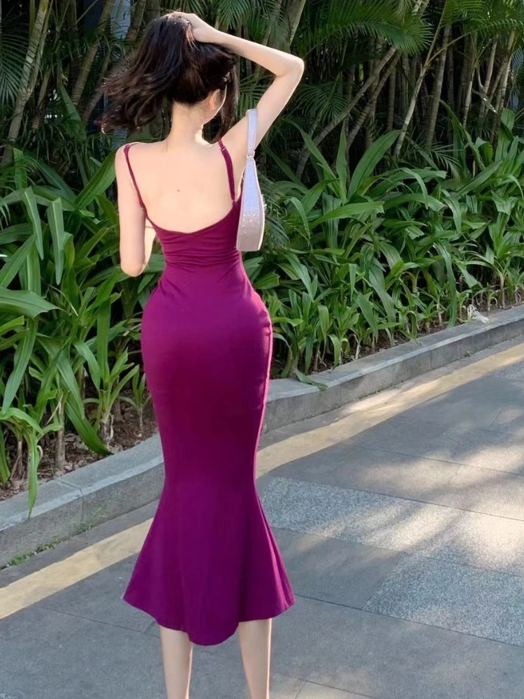 2024 Spring Summer New Sexy Party Purple Strap Dresses Fashionable Elegant Showing Body Embracing Hips Fishtail Long Dresses